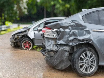 Two passenger cars after a collision in rainy weather.