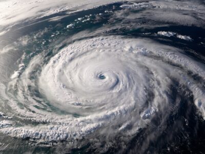 Aerial view of tropical superstorm hurricane.
