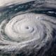 Aerial view of tropical superstorm hurricane.